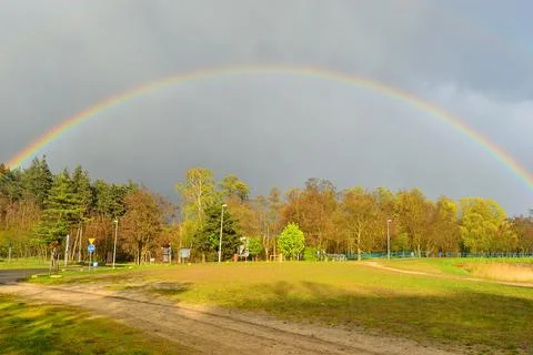 Rainbow over the forest, cloudy sky and sunset. Summer. Day. Stock Photos
