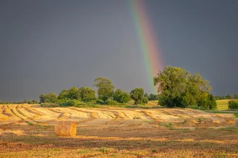 Rainbow over hay bales in a post-harvest field at dusk. Stock Photos