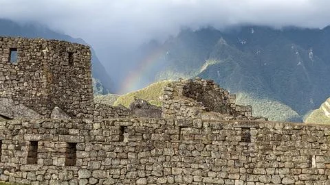 Rainbow Over Inca Ruins at Machu Picchu, Peru Stock Photos