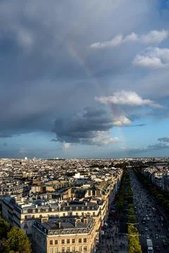 Rainbow Over Paris Cityscape from Elevated Arc de Triomphe Stock Photos