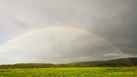 Rainbow over a pine forest Stock Photos