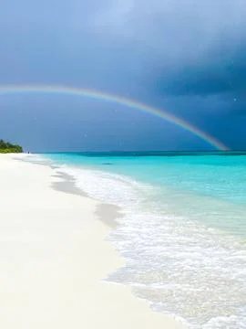 Rainbow Over Tropical Beach White Sand Turquoise Stock Photos