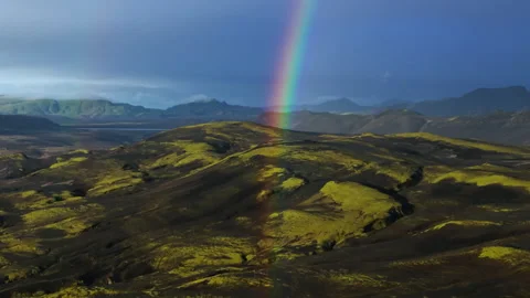 Rainbow Over Volcanic Moss Fields Iceland Stock Footage 321293084