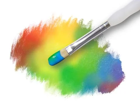 Rainbow paint splatter texture with paintbrush Stock Photos