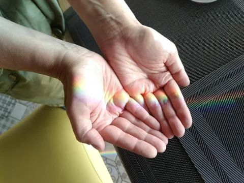 Rainbow in palms. The view from the top. Stock Photos
