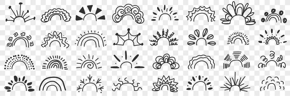 Rainbow patterns and rays drawings doodle set Stock Illustration
