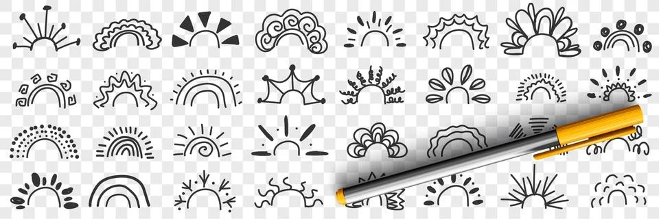 Rainbow patterns and rays drawings doodle set Stock Illustration