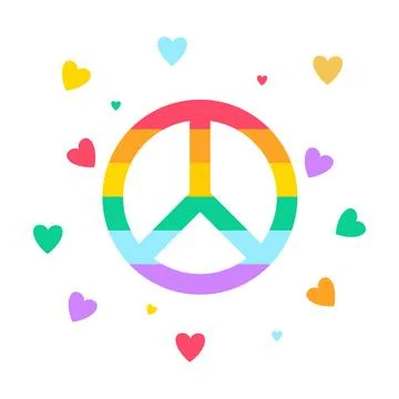 Rainbow Peace Sign Surrounded by Floating Hearts Symbolizing LGBTQ Unity an.. Stock Illustration