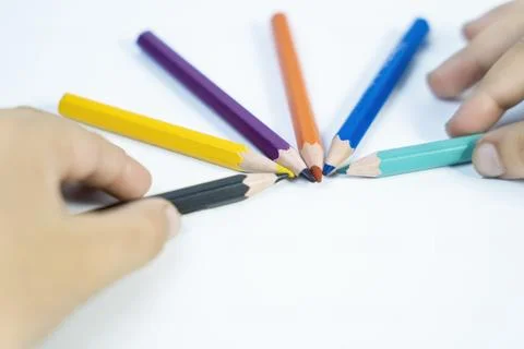 Rainbow of Pencil Colors on White Background Stock-Fotos