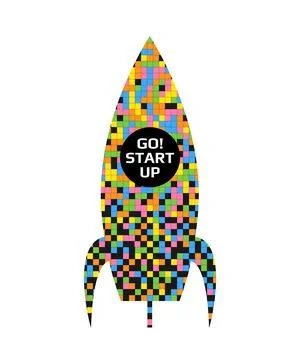 Rainbow pixel rocket logo on white background. Business startup concept in Stock Illustration