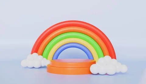Rainbow podium product display, platform and clouds 3d background Stock Photos
