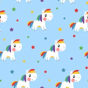 Rainbow pony and star pattern on blue background Stock-Illustration