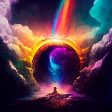 Rainbow portal to another dimension. magic stone in the middle of portal Stock Illustration
