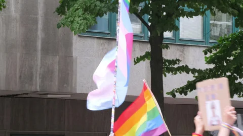 Rainbow pride flag progress with black, brown, and blue lines trans flag in.. Stock Footage 270852990