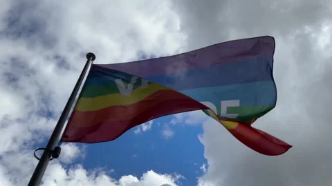Rainbow Pride Flag Waving Against Cloudy Sky Stock Footage 332893396