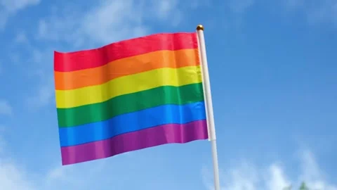 Rainbow Pride Flag Waving Against Blue Sky Stock Footage 340191448