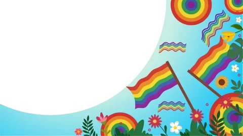 Rainbow Pride Flags with Flowers on Colorful Blue Scene Stock Footage 330100486