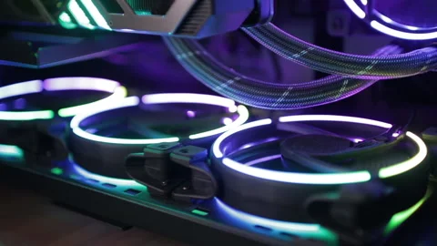 Rainbow propellers for cooling computer components. Computer coolers at work. Video stock 223384274
