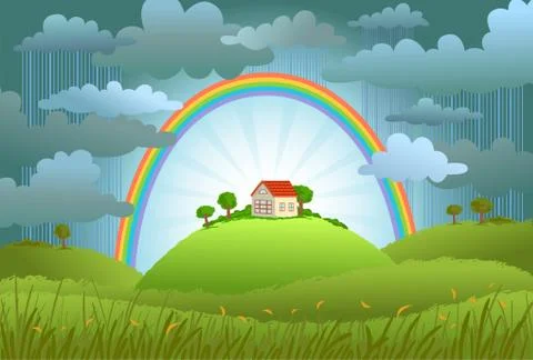 The rainbow protects the small house Stock Illustration