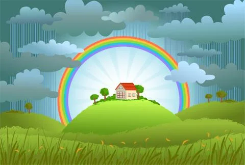 The rainbow protects the small house Stock Illustration
