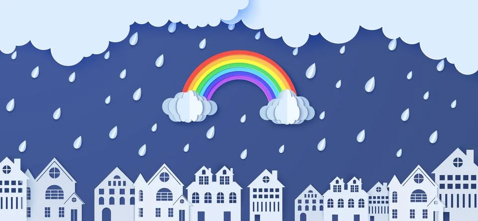Rainbow rain and clouds over houses in the paper cut style. Vector clouds and Stock Illustration