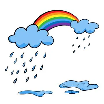 Rainbow with rain clouds and puddles in hand-drawn style, rainy season Stock Illustration