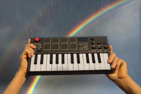 Rainbow rainy sky hands holding music piano keyboard Stock Footage 134493688