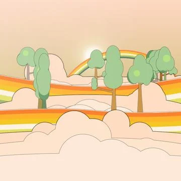 Rainbow road forest dreamscape with soft sky depth, two floating tree layers, an Stock Illustration