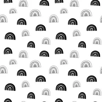 Rainbow seamless pattern, black and white hand-drawn arc doodle digital paper Stock Illustration