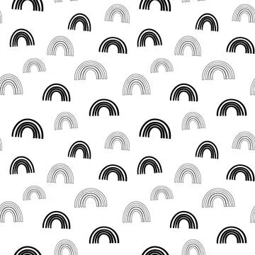 Rainbow seamless pattern, black and white hand-drawn arc doodle digital paper Stock Illustration
