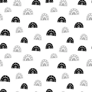 Rainbow seamless pattern, black and white hand-drawn arc doodle digital paper Stock Illustration