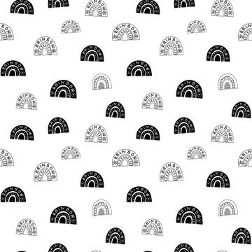 Rainbow seamless pattern, black and white hand-drawn arc doodle digital paper Stock Illustration