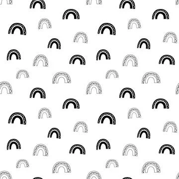 Rainbow seamless pattern, black and white hand-drawn arc doodle digital paper Stock Illustration