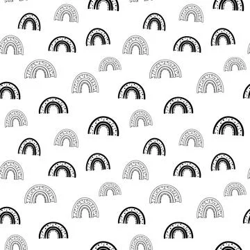 Rainbow seamless pattern, black and white hand-drawn arc doodle digital paper Stock Illustration