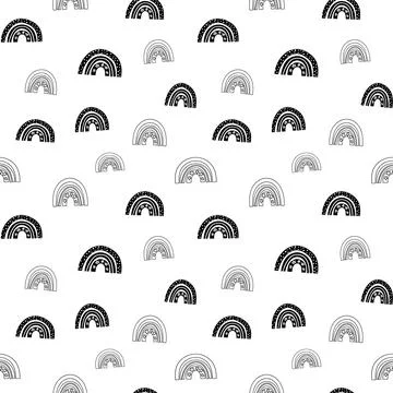 Rainbow seamless pattern, black and white hand-drawn arc doodle digital paper Stock Illustration
