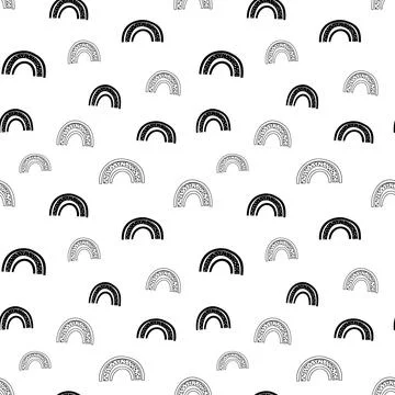 Rainbow seamless pattern, black and white hand-drawn arc doodle digital paper Stock Illustration