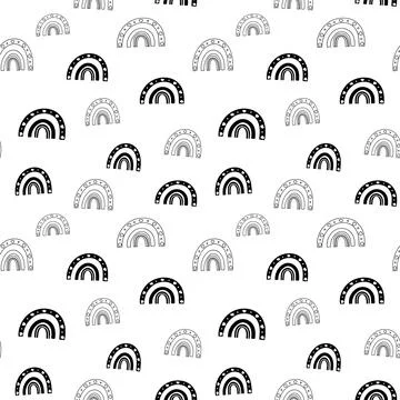 Rainbow seamless pattern, black and white hand-drawn arc doodle digital paper Stock Illustration