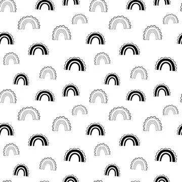 Rainbow seamless pattern, black and white hand-drawn arc doodle digital paper Stock Illustration