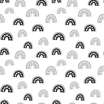 Rainbow seamless pattern, black and white hand-drawn arc doodle digital paper Stock Illustration