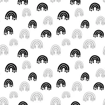 Rainbow seamless pattern, black and white hand-drawn arc doodle digital paper Stock Illustration