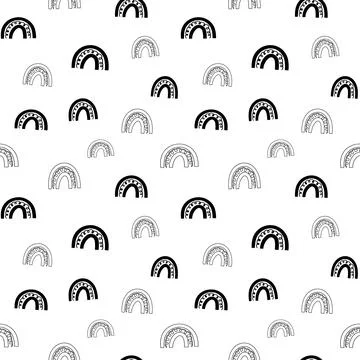 Rainbow seamless pattern, black and white hand-drawn arc doodle digital paper Stock Illustration
