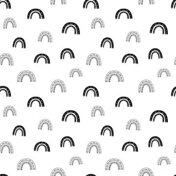 Rainbow seamless pattern, black and white hand-drawn arc doodle digital paper Stock Illustration