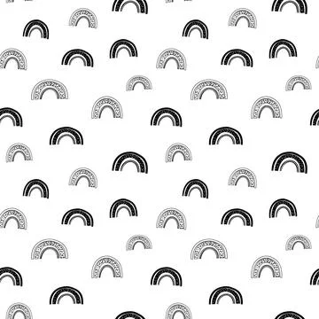 Rainbow seamless pattern, black and white hand-drawn arc doodle digital paper Stock Illustration