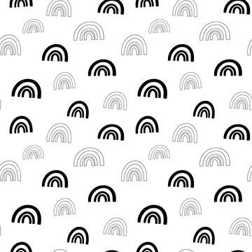 Rainbow seamless pattern, black and white hand-drawn arc doodle digital paper Stock Illustration