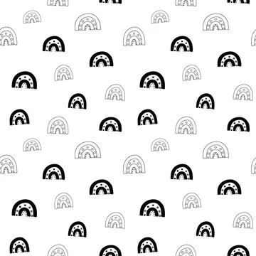 Rainbow seamless pattern, black and white hand-drawn arc doodle digital paper Stock Illustration