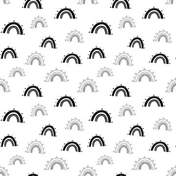Rainbow seamless pattern, black and white hand-drawn arc doodle digital paper Stock Illustration