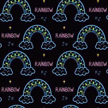 Rainbow seamless pattern. Colorful rainbow in doodle style Stock Illustration