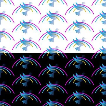 Rainbow seamless pattern. Dove, Peace symbol silhouette, hand drawn minimalist Stock Illustration