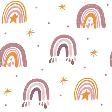 Rainbow seamless pattern. Hand draw boho rainbows, stars and hearts. Creative Stock Illustration