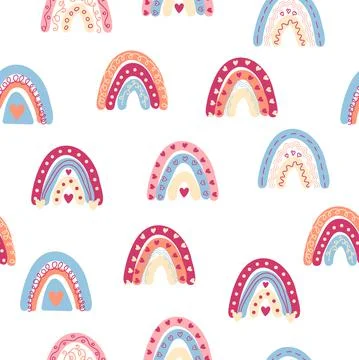 Rainbow seamless pattern in pastel colors. Scandinavian baby hand drawn illus Stock Illustration